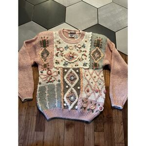 cottagecore sweater 80s vintage pastel pink peach floral embroidered  hand knit